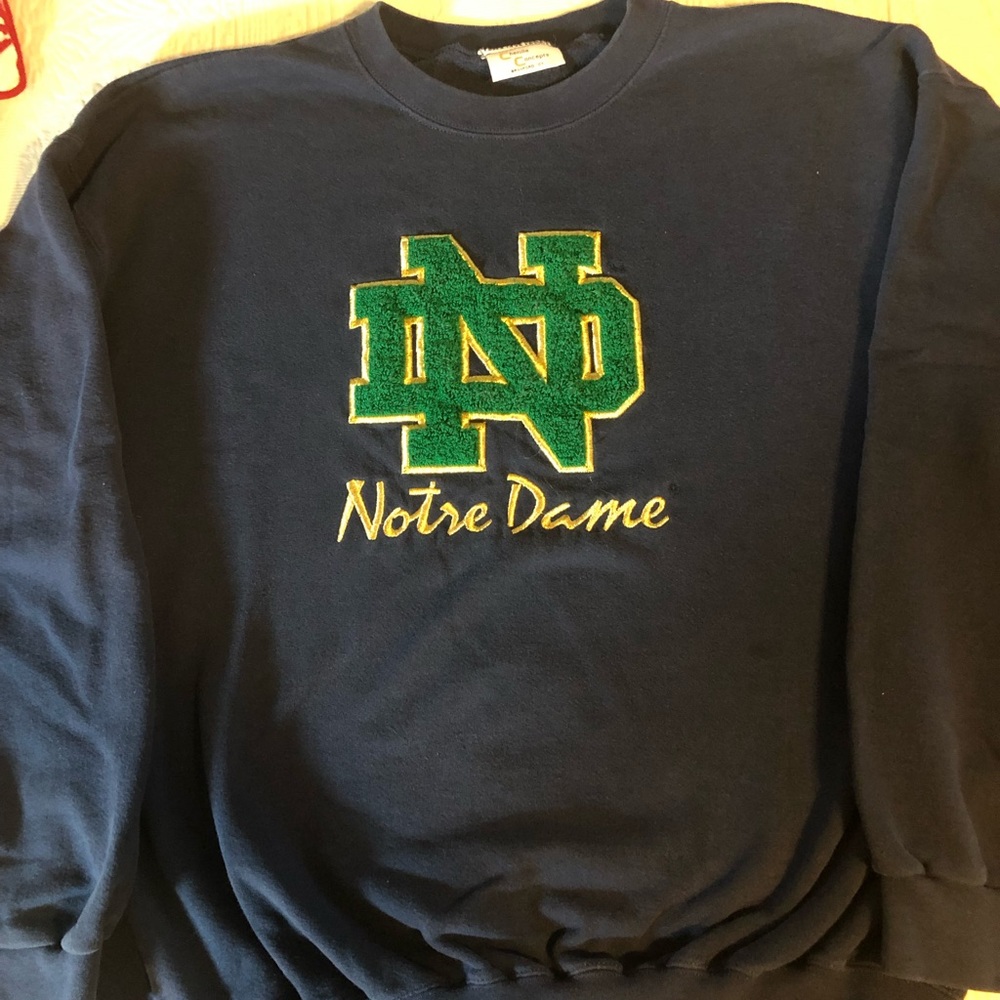 Navy Notre Dame sweatshirt. Chenille/gold logo. XL